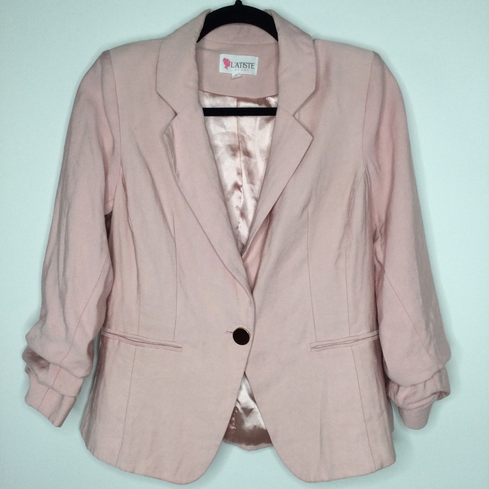 L’ATISTE Blazer Single Gold Button Ruched Sleeve Pink Size Medium